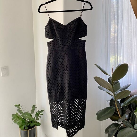 NICHOLAS Eyelet Lace Cut Out Black Midi Dress, Size 4 - Picture 3 of 11